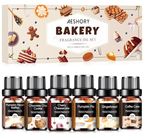 AESHORY Set de Aceites Esenciales de Panadería 6 x 10ML, Aceites Esenciales Aromaterapia para Humidificador Difusor, DIY- Pastel de Calabaza, Pastel de Café, Galleta de Avena, Pan de Jengibre