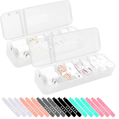 Kabel Aufbewahrungsbox, 2 Stück Kabel Organizer Box, Ladekabel Organizer Cable Management Box mit 7 Fächer und 18 Kabelbindern Aufbewahrungsbox für Schreibtisch Aufbewahrung Büro(Weiß)