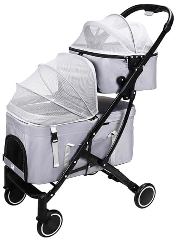 PAHION Doppelschichtiger Haustierwagen Faltbarer Hundebuggy Mit Abnehmbaren Hundetaschen & Abschließbaren Rädern Hundewagen Für 2 Hunde/Katzen Tragkraft Bis Zu 6 Kg / 15 Kg (Color : Graey)