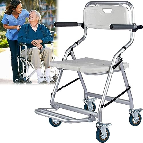 GaRcan Älterer Duschstuhl mit Rädern, Faltbarer Duschstuhl mit Armlehnen, älterer Toilettenstuhl 150 kg, Vier Räder mit Bremsen + Aufbewahrungspedale A