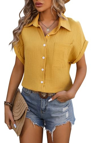 LEKOPUR Musselin Bluse Damen Kurzarm Damenblusen Elegant Sommer Blusenshirt Gelb Hemd Damen Blusen Oberteile V Ausschnitt Hemdbluse Tunika
