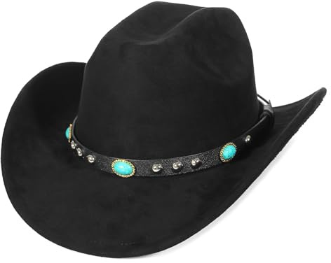 EOZY Mocka läder cowboyhatt Cattleman västerländsk stil för kvinnor och män avtagbart hattband vintage mocka hatt country musik festival hatt lätt regnskydd, Black-h, 56-58