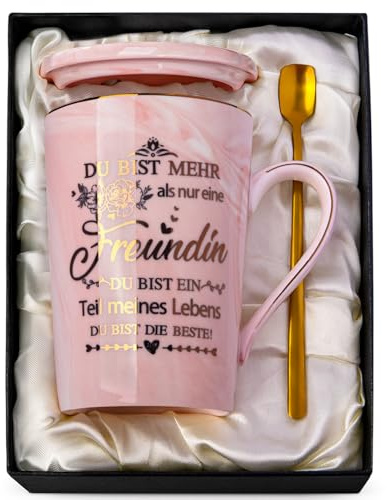 Doublewhale Geschenk Freundin, Beste Freundin Geschenke Becher, Geburtstag Freundinnen Geschenke Tasse,14 Oz Frauen Geschenk Rosa Freundschaft Keramikbecher mit Deckel, Geschenkbox