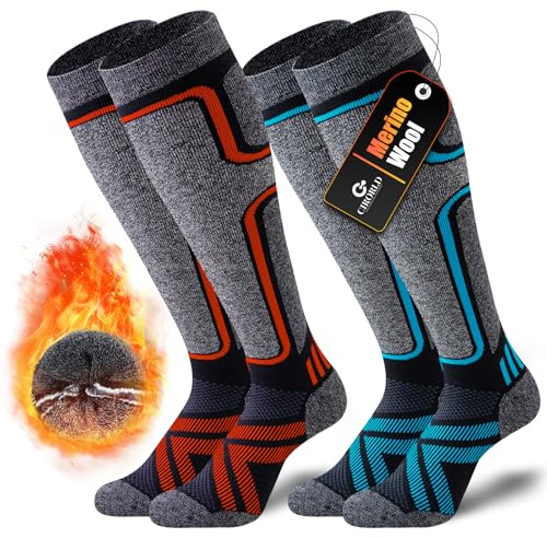 Cirorld 2 Paar Skisocken aus Merinowolle für Damen Herren, Wärmende Wolle Thermosocken Dicke Wintersocken für Kaltes Wetter, Schnee, Skifahren, Snowboarden, Grün&Orange 35-38