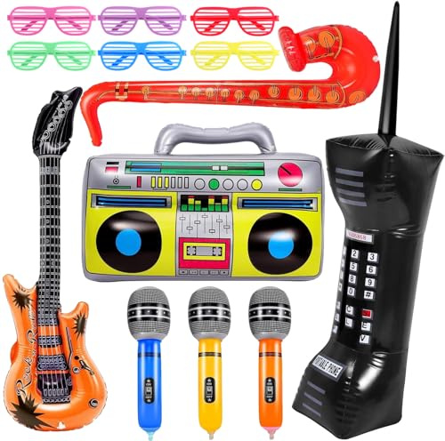 Dyrfolm 13 Pcs Inflatable Rock Star Party Props,Inflatable Guitar Mobile Phone Inflatable Boombox Saxophone Microphones Glasses for 80's 90's Theme Rock and Roll Party Decoration