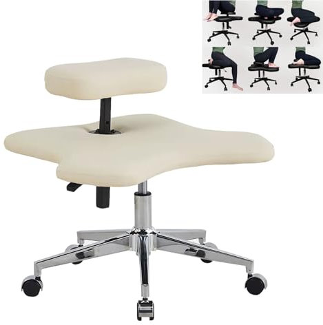 Stuhl mit gekreuzten Beinen, ergonomischer Kniestuhl, höhenverstellbar, fünfzackig mit Stützbeinen auf Rollen, Home-Office-Schreibtisch für Entspannungstraining und Yoga, Off White-One Size