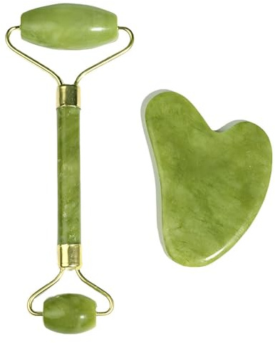 CUEMOON Gua Sha e Rullo di Giada per il Viso, Jade Roller e Pietra Guasha, Rilassante per la Pelle, Strumento Massaggio Naturale, Idea Regalo Perfetta