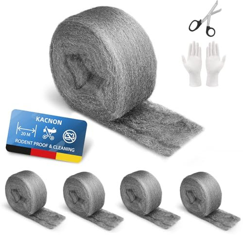 KACNON 0000 Lana de Acero, 5 Rollos 20M de Lana de Alambre, con Guantes y Tijeras, Lana de Acero Inoxidable Fina Contra Roedores, Lana de Acero Para Abrillantar, Lana de Acero Contra Ratones Limpias
