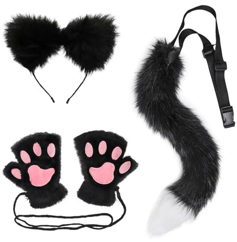 BDSHUNBF 3-Teiliges Fuchs Erwachsene Kostuem, inklusive Flauschige Krallenhandschuhe, Schwarzer Fuchsohren, Fuchsschwanz, für Fasching, Cosplay, Halloween, Zubehör, Kostüm, Bühnenshow