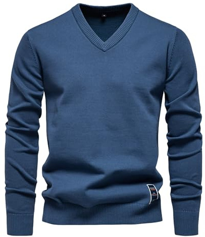 Jersey de punto para hombre, cuello de pico, algodón, elegante, de punto fino, sudadera de manga larga, camiseta básica, elástica, ajustada, para otoño, invierno, informal, jersey de punto