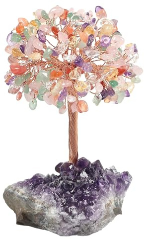 dssmboom Heilende Kristallbaum des Lebens auf Amethyst Cluster Bonsai Baum | Bunter Kristallbaum für Chakra Balancing Kupferdraht eingewickelt Feng Shui Baum Bonsai Heimdekor