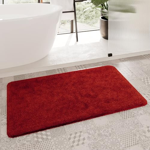 Homie Living Porto Azzurro Badteppich, 55 x 65 cm, Kamin rot | Badematte kuscheliger Flauschiger weicher Flor l rutschfest und Waschbar