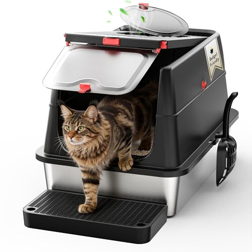 BEST JAJA Bac à litière Chat XXL en INOX 304 avec Couvercle, Noir | Maison de toilette 3-en-1, double entrée, filtre à charbon, parois hautes; pelle et marchepied inclus, 61.9 x 41.9 x 37cm