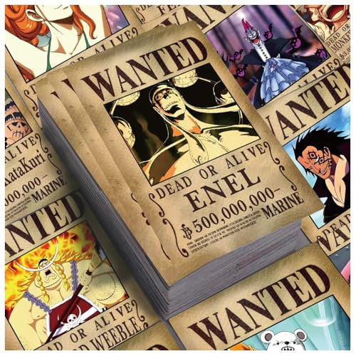Anime One Piece Sticker Pack - Waterproof Vinyl Decals & Cool Anime Stickers for Laptops Phones Bottles Journals Accessories (50 Wanted Posters Stickers)