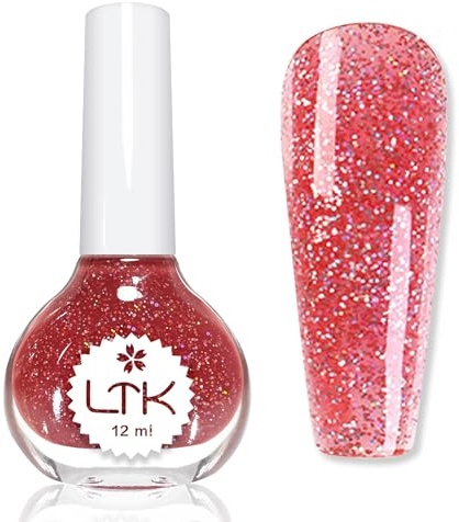 Coral Nail Polish - Glitter Nail Polish - Iridescent Glitter nail Varnish Quick Dry - Shimmer Sparkly Nail polish - 60 Seconds No UV Bake Dark Pink nail Polish Breathable Long Lasting