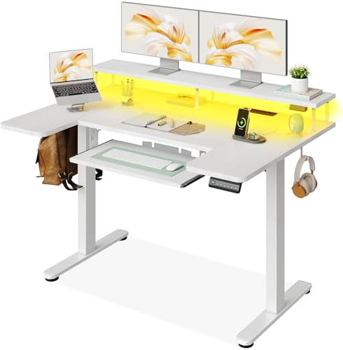 OffiGo Standing Desk, 120cm U Shaped Desk with LED Lights & Power Outlets