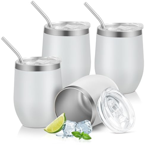 Weingläser Edelstahl, 350 ml Weingläser mit Deckel und Strohhalm, Vakuumisolierter Tasse, Doppelwandige Isolierter Reisebecher, Geeignet für Milc (Weiße)