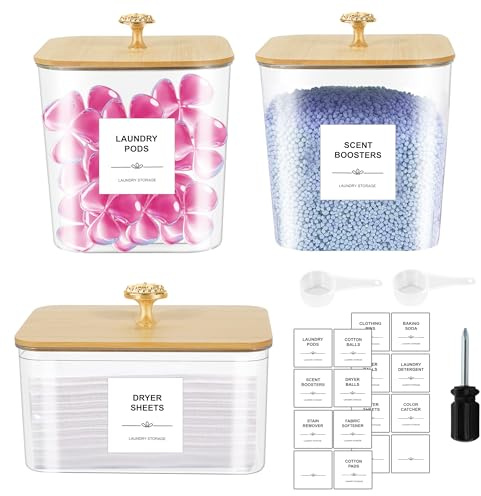 3 Pack Laundry Pods Container & Dryer Sheet Holder - Clear Plastic Laundry Room Organization Storage Containers with Lids, Scoops & Labels for Detergent Pods, Powder, Washing Beads,Scent Boosters