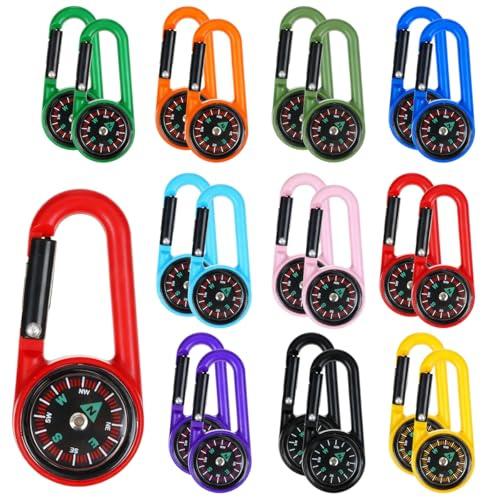 WWYSSZ 20 Pièce Boussole Enfant pour Extérieur, Mini Boussole Randonnée Mousqueton Multifonction, Porte-Clés en Forme de Boussole Colorée, pour Survie en Plein Air, Camping, Randonnée, Voyages