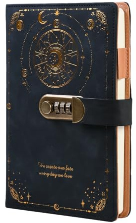 Kaiyzo A5 Vintage Journal Intime avec Cadenas, Carnet Secret Fille Garcon avec PU, Journal Intime Adulte avec Porte-Stylo et Emplacement pour Cartes, Verrouillable Carnet Cuir, Noir