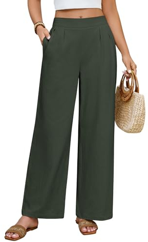 PASUDA Pantaloni Donna Estivi Cotone Pantaloni Larghi Leggeri Pantalone Elastico Vita Pantaloni Eleganti Casual da Spiaggia Comodi Tinta Unita con Tasche (Verde, M)