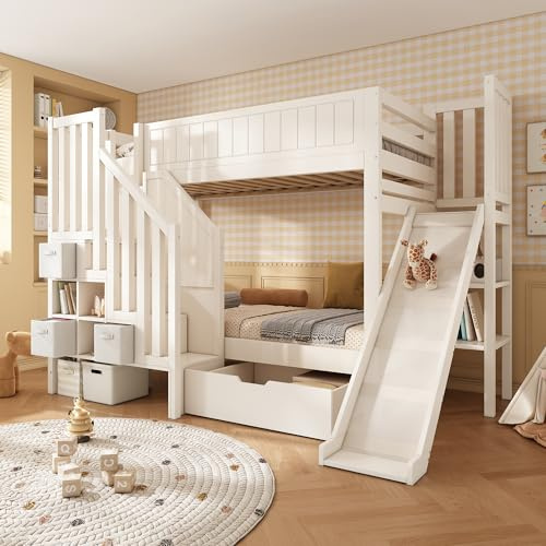 MYBOO Kinderbett Etagenbett 90x200, Hochbett Jugendbett mit Rutsche&Leiterschrank&Schubladen&Offenes Regal, Stockbett Holzbett Doppelbett mit Lattenrost&Rausfallschutz, Kiefer, Ohne Matratze, Weiß