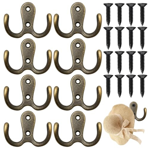 TGDIVYA 8PCS Antique Brass Colored Coat Hooks Set with Fasteners, Brass Colored Coat Hooks Double Hook Design, Antique Brass Colored Hooks Wall Mount, Coat Hooks Brass Colored for Hats Bags