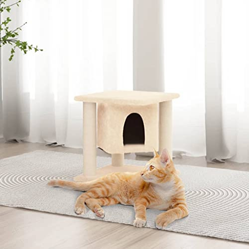 Mangloder Arbre à chat avec colonnes en sisal, grotte en peluche et surface de couchage, 35 x 35 x 37 cm, crème, meuble à gratter pour escalade, griffer, jouer, dormir, cacher en intérieur