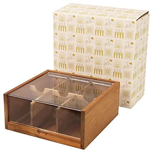 HTB Tea Bag Storage, Gift Box 6 Compartments Acacia Wood Tea Box Organiser with Acrylic Transparent Hinged Lid