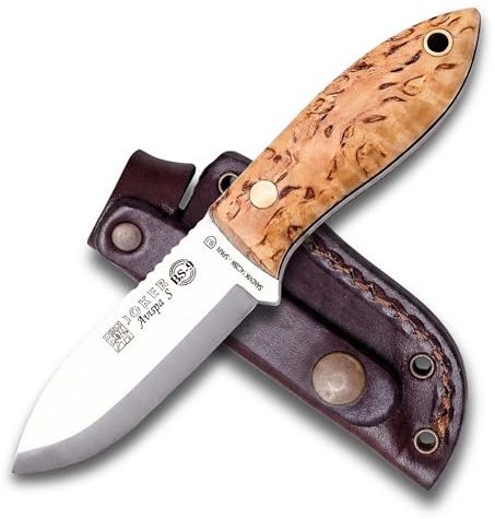 Joker Bushcraft-kniv Avispa S CL121, handtag av lockigt björkträ, bälteskniv med 8 cm blad med ryggradshandtag, inklusive brunt läderskida, verktyg för fiske, jakt, camping och vandring