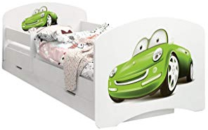 Happy Babies - Doppelseitiges KINDERBETT MIT SCHUBLADE Modernes Design mit sicheren Kanten und Absturzsicherung Schaumstoffmatratze 7 cm. (140x70, 67. Grünes Auto)