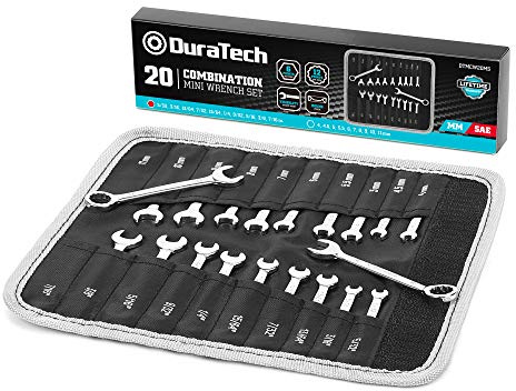 DURATECH Mini Wrench Set, Midget Combination Wrench Set, 20-Piece, Metric & SAE, 4-11mm & 5/32 - 7/16, Lightweight, with Rolling Pouch