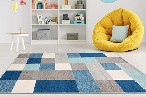 Carpeto Rugs Teppich Kinderzimmer Junge Mädchen - Kinderteppich für Spielzimmer Jugendzimmer - Karo Viele Farben und Größen Pastellfarben Türkis Grau 140 x 190 cm
