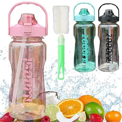 quancifang Wasserflasche 2L Trinkflasche mit Strohhalm und Flaschenbürste BPA Frei Sportflasche, Auslaufsicher Fahrradflasche für Gym Camping Fitness Outdoor Radfahren Schule Rosa 2 liter
