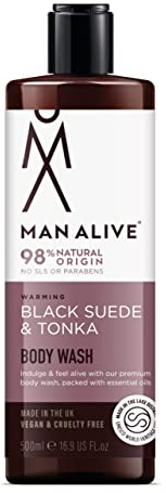 MAN ALIVE Shower Gel for men, 500ml mens body wash & face wash contains a masculine scent, Vegan, SLS Free & sulfate free formula. ideal mens grooming gifts for men (Black Suede & Tonka, Single)