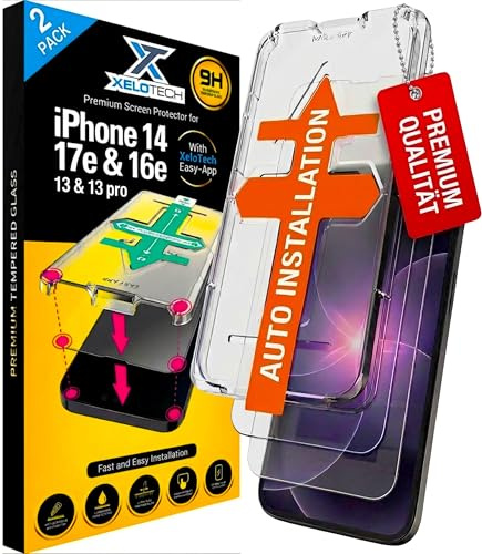 XeloTech für iPhone 17e / 16e /14/13/13 Pro für Panzerglas, Full Screen Auto-Installation Schutzglas 9H+ Härte Stoßfest Kratzfest Anti-Fingerabdruck Anti-Öl Anti-Bläschen, 2 Stück