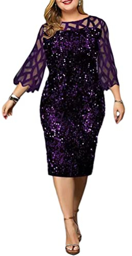 Minetom Femmes Manches 3/4 Lâche Grande Taille Robes Elégante Paillettes Au Genou Robe de Soirée Cérémonie Cocktail Mariage