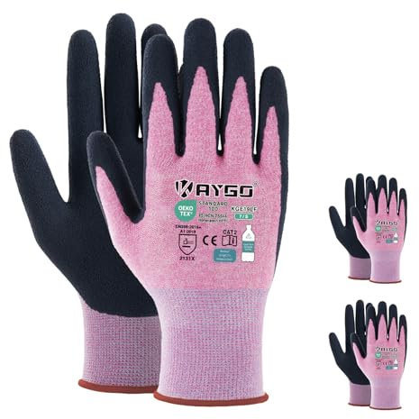 KAYGO Latex Coated Work Gloves for Women Breathable, 3 Pairs Recycled Polyester Gardening Gloves, Eco Friendly Safety Yard Work Gloves for Ladies, KGE19L (Pink, Small)
