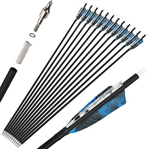 wolfman 12X Carbonpfeile für Bogenschießen Spine 500 Pfeil Bogen Pfeile Carbon Zielpfeile Jagdpfeile mit 4 Zoll Natürliche Federn Pfeil für Recurvebogen Compoundbogen (30 Zoll, 2 blau 1 weiß)