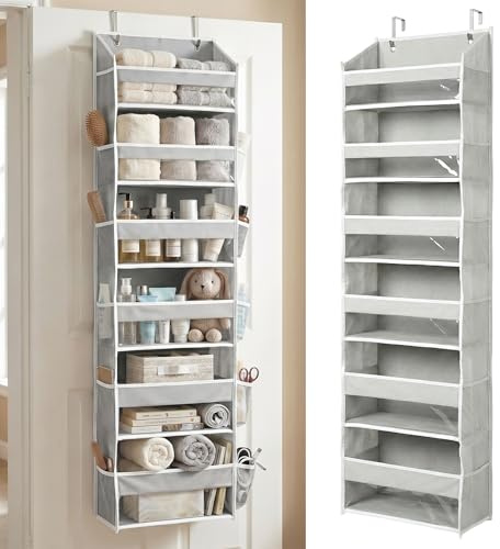 HOMELUX THEORY UPGRADED 6 Tiers Over The Door Organizer Hanging - 100D EXTRA THICK & 50lbs HUGE CAPACITY, 12 Side Mesh Pockets Over The Door Shoe Organizer, Hanging Closet Organizer (Light Gray, 1pc)