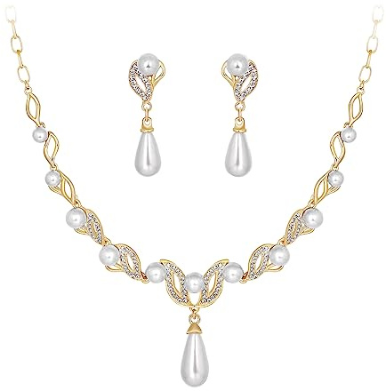 Deyanse Brautschmuck Set, Hochzeit Schmucksets für Damen, Luxus Braut Schmuck Set mit Strass & Künstliche Perle Halskette und Ohrhänger, Allergenfrei Gold Hochzeitsschmuck für Braut Brautjungfern
