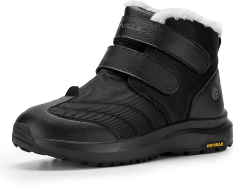 FitVille Mens Extra Wide Snow Winter Boots, Fur Lining Outdoor Boots Lightweight Waterproof Insulated Easy On&Off Black 9.5 UK X-Wide