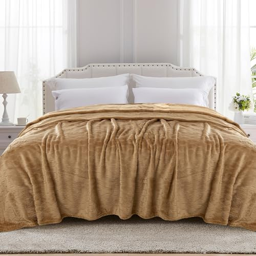 TOONOW Fleece Bed Blanket Queen Size 90x90 inches , Super Soft Fluffy Fuzzy Plush Blanket Geometric Pattern Cozy Microfiber Flannel Blankets for Couch, Bed, Sofa, Camel