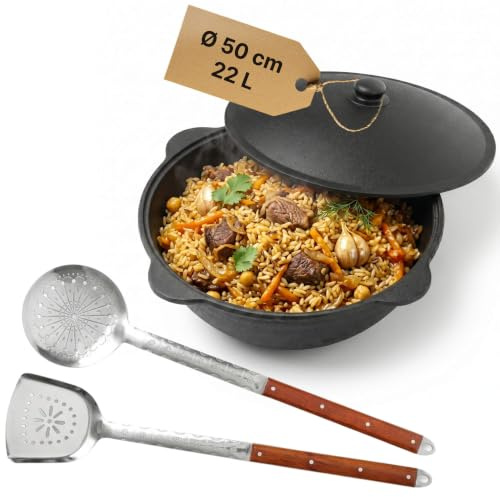 4BIG.fun Kazan en fonte 22 L avec mousse NAMANGAN - Kazan Ouzbeko avec couvercle Cast Iron KESSEL - Pot Asia WOK avec couvercle en aluminium pour camping