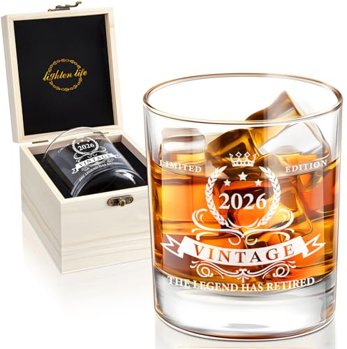 LIGHTEN LIFE Ruhestandsgeschenke für Männer 340 ml,The Legend Has Retired 2026, Whiskyglas in hochwertiger Holzkiste, lustiges Ruhestandsgeschenk, Ruhestandsgeschenkideen