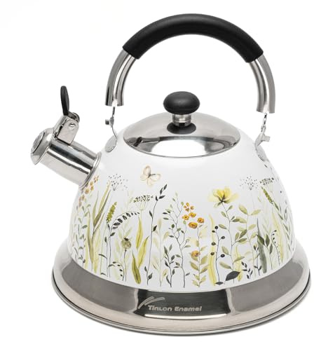 Tinlon Enamel Tea Kettle, 3.1 Quart Whistling Tea Pot for Stove Top, Food Grade 304 Stainless Steel Teapot with for Coffee, Tea, Milk etc