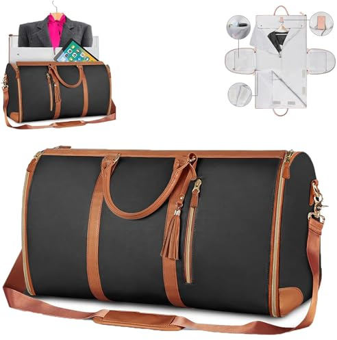 Akayoo Faltbare Reisetasche, Wasserdichter Kleidersack für Reisen, Carry on Garment Duffle Bag, Travel Bag Women, Umwandelbarer, Noir, Kunstleder, 20.5 x 10 x 12.5 Zoll