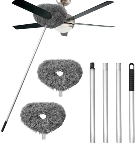 Pulitore per ventilatore da soffitto, riutilizzabile, in microfibra, con manico lungo estensibile rimovibile da 33 a 122 cm, per pulire librerie, porte, finestre (grigio)