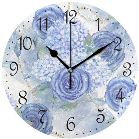 Mnsruu Wall Clock Blue Hortensia Rose Hydrangea, Silent Non-Ticking Decorative Wall Clocks Battery Operated 25x25cm