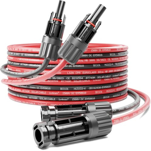 deleyCON 10m PV4 Set di Cavo Prolunghe 4mm² per Impianti Fotovoltaici - Cablaggio Seriale e Parallelo - 1kV AC 1,5kV DC - Resistente Agli Agenti Atmosferici e ai Raggi UV IP68 - Rosso Nero
